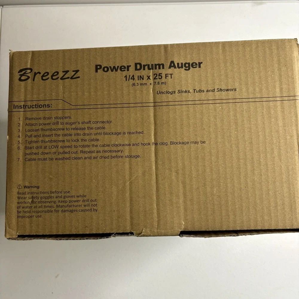 Breezz Power Drum Auger 1/4 x 25 Ft‎ Tool to Unclog Drains in Sink Tubs Showers